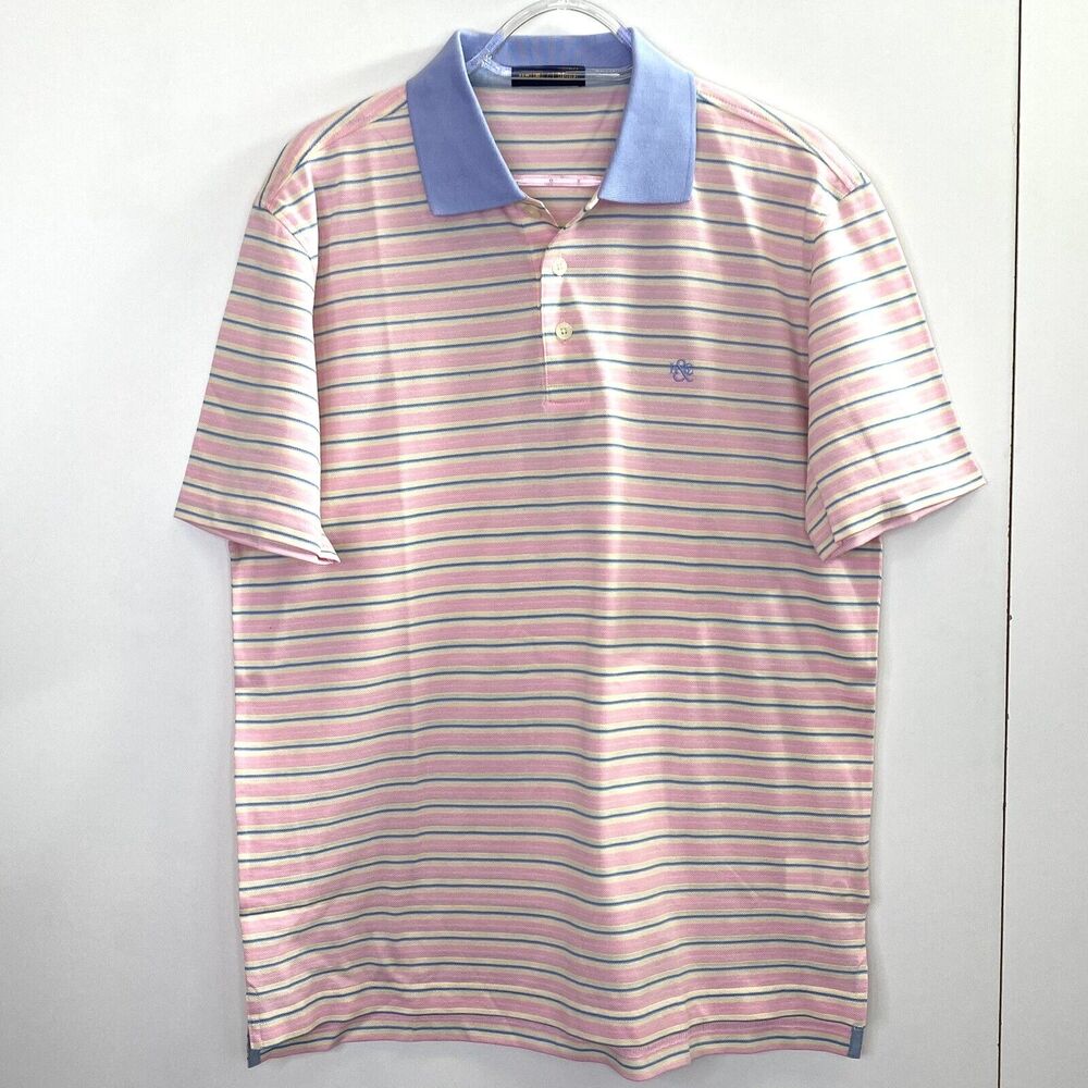 Kent & Curwen Polo Shirt Mens Size Large Pink Blue Striped Short Sleeve Golf